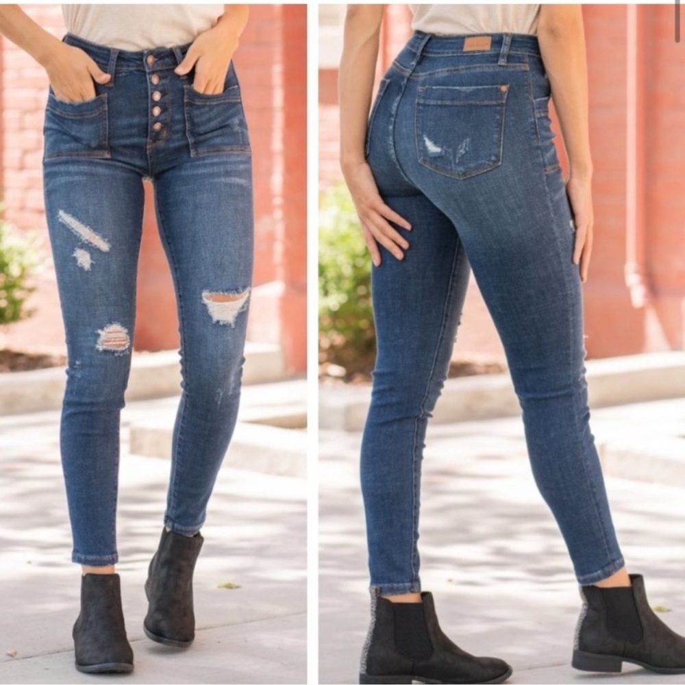 Judy Blue Manchester High Waisted Button Fly Skinny Jeans - Picture 1 of 9